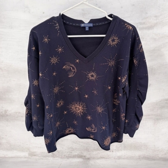 Democracy Tops - Medium Democracy Gold Foil Celestial Print V-Neck Sweatshirt Side Slits